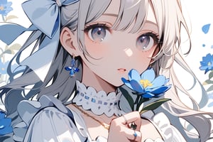 1girl, solo, long hair, looking at viewer, bangs, blue eyes, shirt, long sleeves, dress, bow, holding, jewelry, white shirt, upper body, flower, white hair, hair bow, earrings, parted lips, puffy sleeves, hand up, necklace, white dress, grey eyes, eyelashes, ring, white bow, puffy long sleeves, blue flower, holding flower