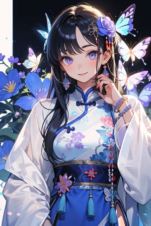 1girl, solo, long hair, looking at viewer, smile, bangs, blue eyes, black hair, hair ornament, long sleeves, dress, jewelry, closed mouth, purple eyes, upper body, flower, earrings, hand up, hair flower, bracelet, parted bangs, blue dress, chinese clothes, bug, butterfly, tassel, beads, tassel earrings