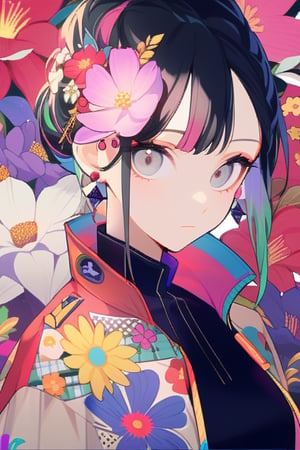 1girl, solo, looking at viewer, bangs, shirt, black hair, hair ornament, jewelry, closed mouth, jacket, upper body, flower, multicolored hair, earrings, hair flower, grey eyes, floral print, white flower, red flower, pink flower, yellow flower, purple flower, colorful, orange flower