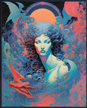 James Jean Style -Philippe Druillet Style - Succubi,lilith, in the style of
colorful moebius, cosmic horror,
trompe-l'œil illusionistic detail,
dark aquamarine, sleepycore