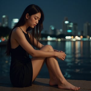 Realistic, Thai woman, detail face, sitting, barefoot, Chawphaya river ’s edge, night, long hair, elegant dress, thoughtful, slightly melancholic, soft Bangkok city lights, calm water, peaceful, quiet night atmosphere.