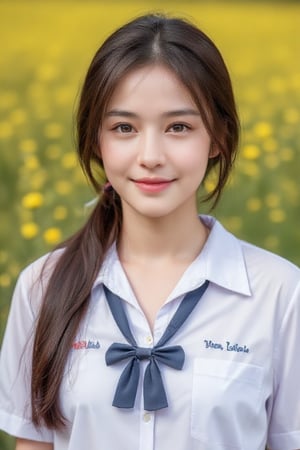 A little thai girl ware Thai school uniform smiling in the yellow flower field.
