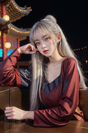 1girl, long hair, SILVER hair, hair ornament, long sleeves, 1boy, dress, jewelry, sitting, upper body, earrings, hair bun, chinese clothes, red dress, single hair bun, hanfu