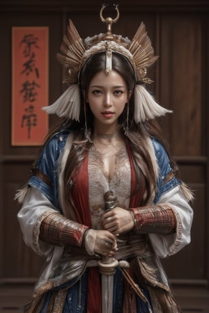 Close-up of a female samurai warrior wearing helmet and armor standing in front of a wooden door. The warrior's armor is adorned with two swords. She holds the large sword in one hand and a belt with a rope tied around it. The sword is in the foreground, while the sword is in the center of the frame. The background is a mix of red, blue and white, adding color to the scene. On the left side of the frame is a red sign with Chinese characters on it. The wide angle shows the warrior in full body.