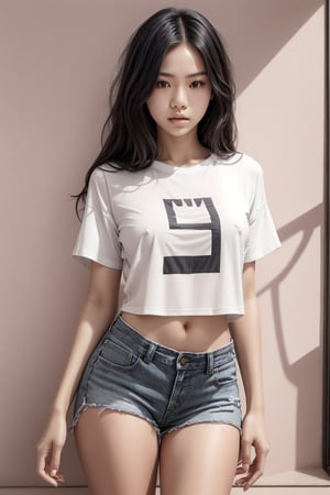 Close-up shot of a youthful Thai girl, black hair and black brown eyes, her skin radiant against the vibrant background. A soft skort hugs her comfortable silhouette, paired with a casual t-shirt crop top and sleek sneakers. The camera's focus is on the skort's versatility, highlighting its curves in a playful and fashionable display.