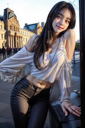 Louvre museum in Paris,standing at the center of square,16 yo,a Thai beautiful girl,fashion model, dark brown eye, very long hair,curly hair,grey hair,tall,slim body,wearing T-shirts crop top, (long sleeve),short jeans pants and heels,shoulder bag,tiny necklace,smile,Best Quality, 32k, photorealistic, ultra-detailed, finely detailed, high resolution, perfect dynamic composition, beautiful detailed eyes, sharp-focus, cowboy sh