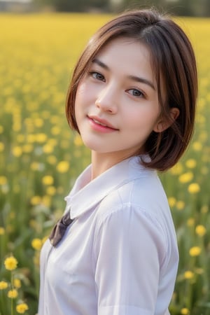 A little thai girl ware Thai school uniform smiling in the yellow flower field.
