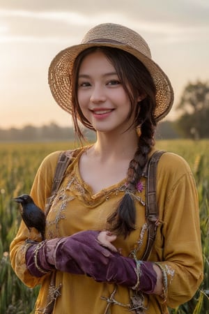 (Supernatural Portrait, Masterpiece, Dark Fantasy: 1.2, Oil Painting, Painting), Highly detailed and exquisite detail: 1.4, Upper body mid-shot, in the center of the frame is a girl dressed as a scarecrow, surrounded by a wide green barley field. The scarecrow, made of dry branches, dried flowers and straw, has a joyful expression and a happy smile, has smoky makeup, and wears an old and worn wide-brimmed straw hat that falls just below her eyebrows. She is wearing a vividly colored pearl yellow cotton shirt and purple velvet gloves, her arms are outstretched to the side, and two crows are sitting on her arms, which are very detailed and depicted. There is a sunset and natural light in the background. The subject's features are highly detailed and anatomically correct, and the vividly colored subject is set against a random natural background. Every texture, every realistic skin, every wrinkle, every hair is rendered in 8k resolution with realistic painting quality, inviting the viewer into this dreamlike world.
