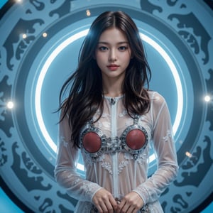 In a futuristic land, a beautiful young Thai woman dances in a transparent mechanical armor, revealing her beautiful figure in a futuristic outfit. Her shiny black hair flows like a halo behind her. In front of the light and dark blue walls, there are patterns of electrical circuits and cloning capsules of a cyberpunk lab. She radiates a high-tech aura of luxury. Neon lights dance on the glass surface of the capsule, casting a soft glow on her shiny armor. The melody of the lab machinery blends with her softly flowing hair, drawing the audience into a mesmerizing scene that blends technology and mystery. FuturEvoLabScene