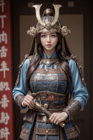 Close-up of a female samurai warrior wearing helmet and armor standing in front of a wooden door. The warrior's armor is adorned with two swords. She holds the large sword in one hand and a belt with a rope tied around it. The sword is in the foreground, while the sword is in the center of the frame. The background is a mix of red, blue and white, adding color to the scene. On the left side of the frame is a red sign with Chinese characters on it. The wide angle shows the warrior in full body.