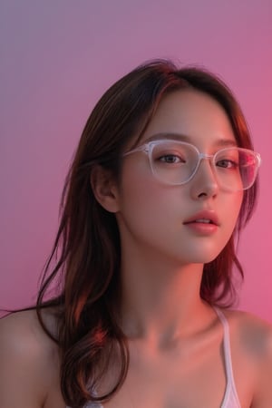 A masterpiece of high-quality, high-resolution photography captures the essence of a slender woman sitting on a futon. She wears a white camisole, her gaze fixed intently on something outside the frame. Soft pink neon lights illuminate her features, accentuating her delicate bone structure and high sensitivity to life's subtleties. The camera lingers on her glasses perched delicately on the end of her nose, as if framing her thoughts. The composition is deliberately intimate, inviting the viewer into this quiet, contemplative moment.