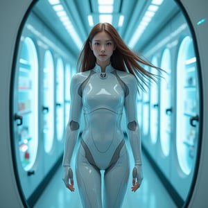 In a futuristic land, a beautiful young woman stands tall in state-of-the-art mechanical armor, her shiny golden-brown hair flowing like a halo behind her. Before the pristine pale blue walls and rows of cloning pods of a cyberpunk laboratory, she radiates an aura of high-tech elegance. Neon lights dance across the glass surface of the pod, casting a soft glow onto her gleaming armor. The melodies of the lab’s machinery blend with the gentle swaying of her hair, drawing the viewer into a captivating scene that embodies the fusion of technology and mystery. FuturEvoLabScene