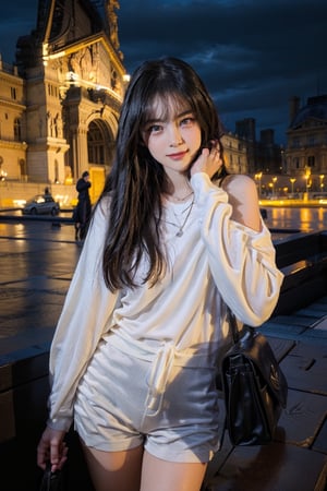 Louvre museum in Paris,standing at the center of square,16 yo,beautiful girl,fashion model,very long hair,curly hair,grey hair,tall,slim body,wearing white collared shirts(long sleeve),short pants and heels,shoulder bag,tiny necklace,smile,Best Quality, 32k, photorealistic, ultra-detailed, finely detailed, high resolution, perfect dynamic composition, beautiful detailed eyes, sharp-focus, cowboy sh