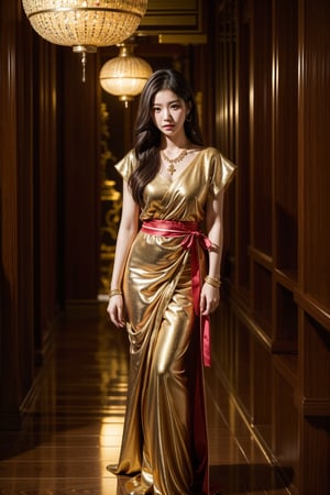 A full body photo of a Thai woman. A 22-year-old Thai woman with dark brown hair and brown-black eyes. She is wearing a Thai dress with a red sash with gold intricate patterns. She is wearing a necklace and a chain, a necklace, and a bracelet decorated with beautiful and delicate gems. She is standing and looking at a Korat cat in a temple with a shady atmosphere, high-resolution photo. 