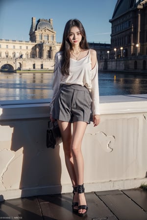 Louvre museum in Paris,standing at the center of square,16 yo,a Thai beautiful girl,fashion model, black eye, very long hair,curly hair,grey hair,tall,slim body,wearing white collared shirts(long sleeve),short pants and heels,shoulder bag,tiny necklace,smile,Best Quality, 32k, photorealistic, ultra-detailed, finely detailed, high resolution, perfect dynamic composition, beautiful detailed eyes, sharp-focus, cowboy sh