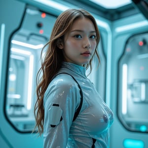 In a futuristic land, a beautiful young woman stands tall in cutting-edge mechanical armor. Her shiny golden-brown hair flows like a halo behind her. Against a pale blue wall patterned with electrical circuits and cloning capsules of a cyberpunk lab, she radiates a high-tech aura of luxury. Neon lights dance across the glass surface of the capsule, casting a soft glow on her gleaming armor. The melodies of the lab's machinery blend with the gently swaying hair, drawing the viewer into a captivating scene that combines technology and mystery. FuturEvoLabScene