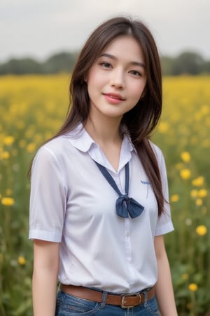 A little thai girl ware Thai school uniform smiling in the yellow flower field.
