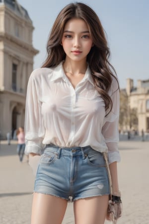 Louvre museum in Paris,standing at the center of square,16 yo,beautiful girl,fashion model,very long hair,curly hair,grey hair,tall,slim body,wearing white collared shirts(long sleeve),short pants and heels,shoulder bag,tiny necklace,smile,Best Quality, 32k, photorealistic, ultra-detailed, finely detailed, high resolution, perfect dynamic composition, beautiful detailed eyes, sharp-focus, cowboy sh