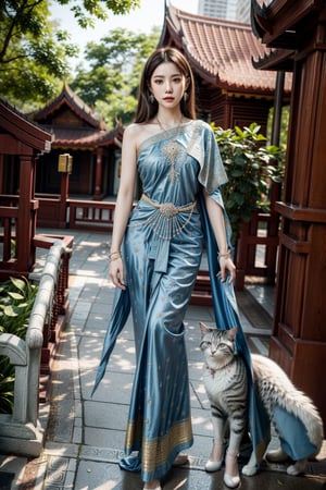 A full body photo of a Thai woman. A 22-year-old Thai woman with dark brown hair and brown-black eyes. She is wearing a Thai dress with blue sash with gold intricate patterns. She is wearing a necklace and a chain, a necklace, and a bracelet decorated with beautiful and delicate gems. She is standing and looking at a Korat cat in a temple with a shady atmosphere, wide angle photo, high-resolution photo. 