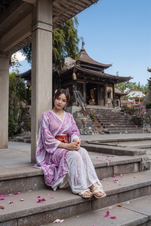 (Cinematic Digital Artwork:1.3) of (Masterpiece:1.3),(Sad:1.3) 1girl, solo, from above, \(purple flowers\), aesthetic, intricate, best quality, detailed background, Homura Akemi, ((girl wearing a patterned purple kimono)), \(sitting in garde), casual pose, detailed textures, posing, floral print, hair flower, hair ornament, japanese clothes, kimono, obi, outdoors, pagoda, petals, purple kimono, sash, shrine, sky, stone stairs, torii, wide sleeves, yukata,(Colorful:1.3)