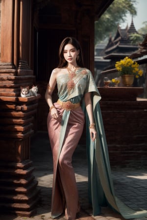 A full body photo of a Thai woman. A 22-year-old Thai woman with dark brown hair and brown-black eyes. She is wearing a Thai dress with blue sash with gold intricate patterns. She is wearing a necklace and a chain, a necklace, and a bracelet decorated with beautiful and delicate gems. She is standing and looking at a Korat cat in a temple with a shady atmosphere, wide angle photo, high-resolution photo. 