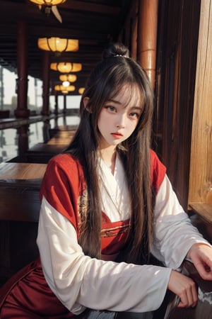 1girl, long hair, SILVER hair, hair ornament, long sleeves, 1boy, dress, jewelry, sitting, upper body, earrings, hair bun, chinese clothes, red dress, single hair bun, hanfu