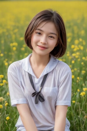 A little thai girl ware Thai school uniform smiling in the yellow flower field.
