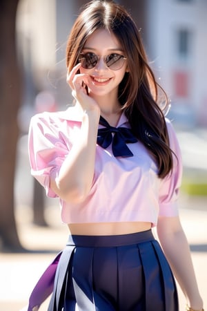 On a heavy snowy day, snow is falling. Beautiful realistic photo of a woman with sunglasses by Pedro Pedraja. Attractive woman. Gold glasses. Pink shadow. Luxury fashion illustration. Closed lips. Thai school uniform. High waisted white crop top. Accent on a short pleated dark blue skirt. A short bow tied near the neck in the same color as the skirt. Thai woman in the style of Cory Loftis. High fashion masterpiece. High quality 32k. Perfect detail. Very sharp focus. Dancing in the white snow all around. With a cute childish smile.