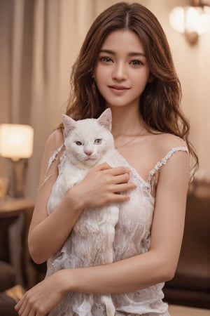 (Create a photograph with a realistic style, potentially taken by a professional photographer. It features a well-composed portrait of a young woman and her cat. The woman, situated in the center foreground, is holding a white cat close to her chest. She is wearing an off-shoulder top and smiling at the camera. The background is an indoors living space with warm lighting, including a lit lamp on a table and blurred furniture. Subtle details such as the soft lighting, uncluttered background, and natural tones contribute to a serene, homely atmosphere.