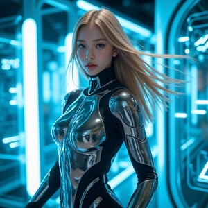 In a futuristic land, a beautiful young woman dances in state-of-the-art mechanical armor. Her shiny blonde hair flows like a halo behind her. In front of the pale blue and dark blue walls are patterns of electrical circuits and cloning capsules of a cyberpunk lab. She radiates a high-tech aura of luxury. Neon lights dance across the glass surface of the capsule, casting a soft glow on her shiny armor. The melodies of the lab's machinery blend with the soft swaying of her hair, drawing the viewer into a mesmerizing scene that combines technology and mystery. FuturEvoLabScene