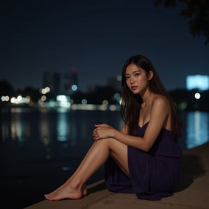 Realistic, Thai woman, detail face, sitting, barefoot, Chawphaya river ’s edge, night, long hair, elegant dress, thoughtful, slightly melancholic, soft Bangkok city lights, calm water, peaceful, quiet night atmosphere.