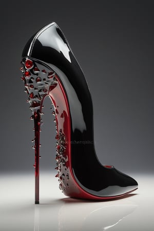 hyper realistic advertising photo of a 2.5 inch stiletto high heel shoe. no body parts. no human. black patent leather, thin dark red sole, no platform, skinny high heel, gemstone decoration on toe, shot from behind the heel, thick white cum dripping down toe and heel, D’Orsay style