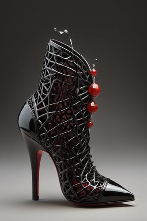 hyper realistic advertising photo of a 2.5 inch stiletto high heel shoe. no body parts. no human. black patent leather lace mesh, thin dark red sole, no platform, skinny high heel, large gemstone decoration on toe, shot from behind the heel, thick white cum dripping down toe and heel, D’Orsay style