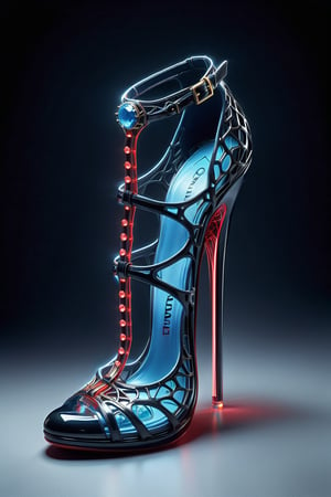 hyper realistic advertising photo of a low stiletto high heel shoe. no body parts. no human. black patent leather lace mesh, thin dark red sole, no platform, skinny high heel, strappy sandal, open toe, large translucent neon blue gemstone decoration on toe, (((shot from behind the heel))), excessive dripping white wax, thick white cum dripping down toe and heel, D’Orsay style