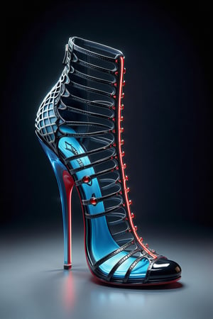 hyper realistic advertising photo of a low stiletto high heel shoe. no body parts. no human. black patent leather lace mesh, thin dark red sole, no platform, skinny high heel, strappy sandal, open toe, large translucent neon blue gemstone decoration on toe, (((shot from behind the heel))), excessive dripping white wax, thick white cum dripping down toe and heel, D’Orsay style