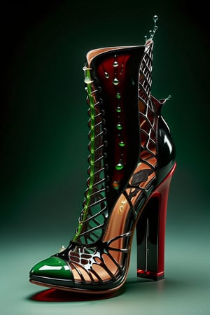 hyper realistic advertising photo of a 2.5 inch stiletto high heel shoe. no body parts. no human. black patent leather lace mesh, thin dark red sole, no platform, skinny high heel, strappy sandal, open toe, large green clear gemstone decoration on toe, (((shot from behind the heel))), excessive dripping white wax, thick white cum dripping down toe and heel, D’Orsay style