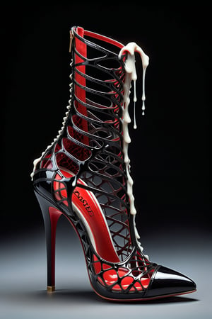 hyper realistic advertising photo of a 2.5 inch stiletto high heel shoe. no body parts. no human. deep luster shine, darkest scarlet black patent snakeskin leather wirey lace mesh, thin dark red sole, no platform, skinny high heel, strappy sandal, open toe, large white gemstone decoration on toe, (((shot from behind the heel))), excessive dripping white wax, thick white cum dripping down toe and heel, D’Orsay style, thick waxy milk on toe dripping down shoe, thick white wax drizzled all over the shoe, action shot of milk splashing on the toe of  shoes