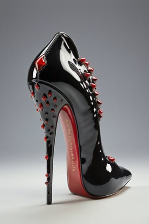 hyper realistic advertising photo of a 2.5 inch stiletto high heel shoe. no body parts. no human. black patent leather, thin dark red sole, no platform, skinny high heel, gemstone decoration on toe, shot from behind the heel, thick white cum dripping down toe and heel, D’Orsay style