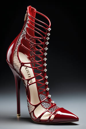 hyper realistic advertising photo of a 2.5 inch stiletto high heel shoe. no body parts. no human. deep luster shine, darkest scarlet crimson patent leather wirey lace mesh, thin dark red sole, no platform, skinny high heel, strappy sandal, open toe, large white gemstone decoration on toe, (((shot from behind the heel))), excessive dripping white wax, thick white cum dripping down toe and heel, D’Orsay style, thick cum on toe dripping down shoe