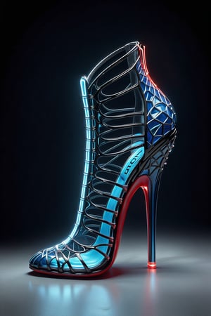 hyper realistic advertising photo of a low stiletto high heel shoe. no body parts. no human. black patent leather lace mesh, thin dark red sole, no platform, skinny high heel, strappy sandal, open toe, large translucent neon blue gemstone decoration on toe, (((shot from behind the heel))), excessive dripping white wax, thick white cum dripping down toe and heel, D’Orsay style