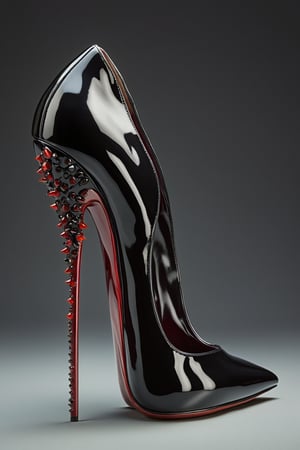 hyper realistic advertising photo of a 2.5 inch stiletto high heel shoe. no body parts. no human. black patent leather, thin dark red sole, no platform, skinny high heel, gemstone decoration on toe, shot from behind the heel, thick white cum dripping down toe and heel, D’Orsay style