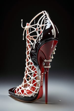 hyper realistic advertising photo of a 2.5 inch stiletto high heel shoe. no body parts. no human. deep luster shine, darkest scarlet black patent leather wirey lace mesh, thin dark red sole, no platform, skinny high heel, strappy sandal, open toe, large white gemstone decoration on toe, (((shot from behind the heel))), excessive dripping white wax, thick white cum dripping down toe and heel, D’Orsay style, thick waxy milk on toe dripping down shoe, thick white wax drizzled all over the shoe, action shot of milk splashing on the toe of  shoes