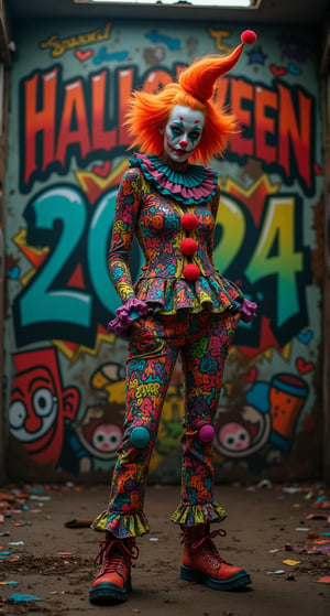 Creepy Clown: A striking woman dressed as a creepy clown stands in an abandoned carnival, her wild hair painted in neon shades. Her costume is filled with bold and colorful graffiti tags, while the background features rusting carnival rides and haunting face paint on the walls. On background big multicolored letters "HALLOWEEN 2024"