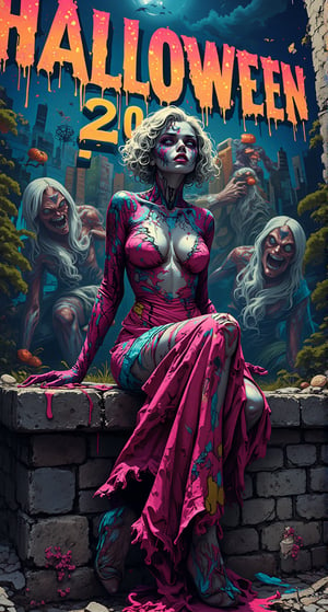 Zombie Prom Queen: A glamorous woman dressed as a zombie prom queen poses on a crumbling building ledge, her gown torn and splattered with neon colors. Her face is painted with exaggerated features and vibrant graffiti patterns. The background showcases a chaotic mural of undead creatures and eerie landscapes. On background big multicolored letters "HALLOWEEN 2024"