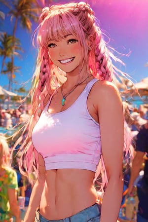 1girl, long hair, breasts, blonde hair, drunk, white singlet, gal, tan, tanned skin, looking at viewer, blush, smile, open mouth, bangs, collarbone, closed eyes, braid, sweat, teeth, blunt bangs, pink eyes, armpits, twin braids, sharp teeth, drooling, spot color, @ @, can, holding can, pink blot background, armpit fetish