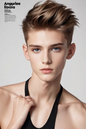 Fashion magazine cover studio photo of young male model, androgynous, he is 18 years old, revealing clothes, modeling underwear, soft muscle tone, perfect eyes, intricate details, rendering octane. Masterpiece of the best quality, high definition, 32k. , slim, thin, lanky, shirtless, torso, hips, photorealistic