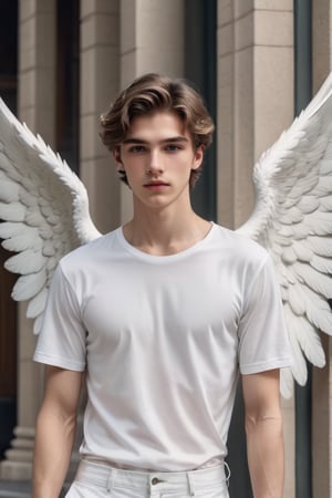 create a hyper-realistic image of a young and handsome caucasian angel, he's 16 years old, 8k, high detailed, sharp focus, more detail XL, Movie Still, ((slim torso body view)), white shoes, (whole image within frame), photo r3al, aesthetic portrait