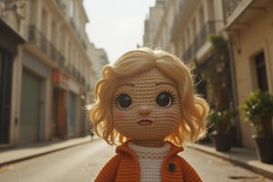 The small crocheted amigurumi simulates the image of a brunette girl with wavy blonde hair and big black eyes in the middle of a street with French architecture. The scene must feature midday light with dimmed shadows in the nostalgic atmosphere. It uses a hyperrealistic 3D style and rendering with PBR effects.