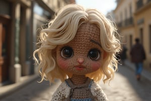 The small crocheted amigurumi simulates the image of a brunette girl with wavy blonde hair and big black eyes in the middle of a street with French architecture. The scene must feature midday light with dimmed shadows in the nostalgic atmosphere. It uses a hyperrealistic 3D style and rendering with PBR effects.