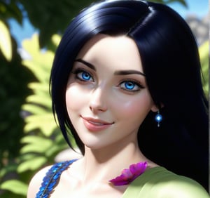 It is a photorealistic avatar powered by Codec Avatars that belongs to the Second Life metaverse and has black hair, white skin, big blue eyes with long, thick, beautiful eyelashes and a big smile. Its style is Daz studio with PBR effects.